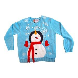 Blue 3D Snowman Sweater Holiday Pullover PomPom Embellished Ugly Christmas sz M